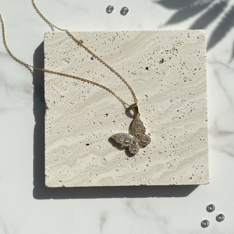 Gold crystal butterfly pendant necklace — 30 mm statement spirit animal jewelry