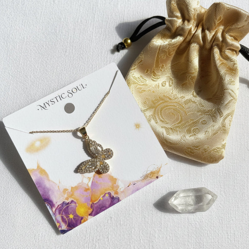 Crystal butterfly pendant necklace on a Mystic Soul Jewelry card with gift bag
