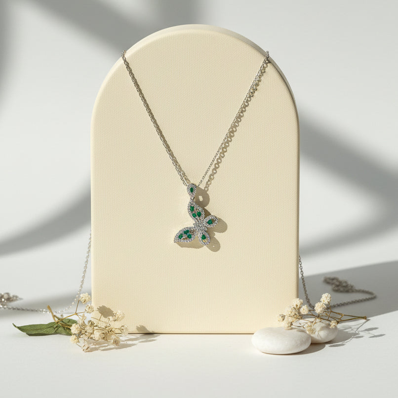 Silver crystal butterfly pendant necklace — statement spirit animal jewelry for transformation
