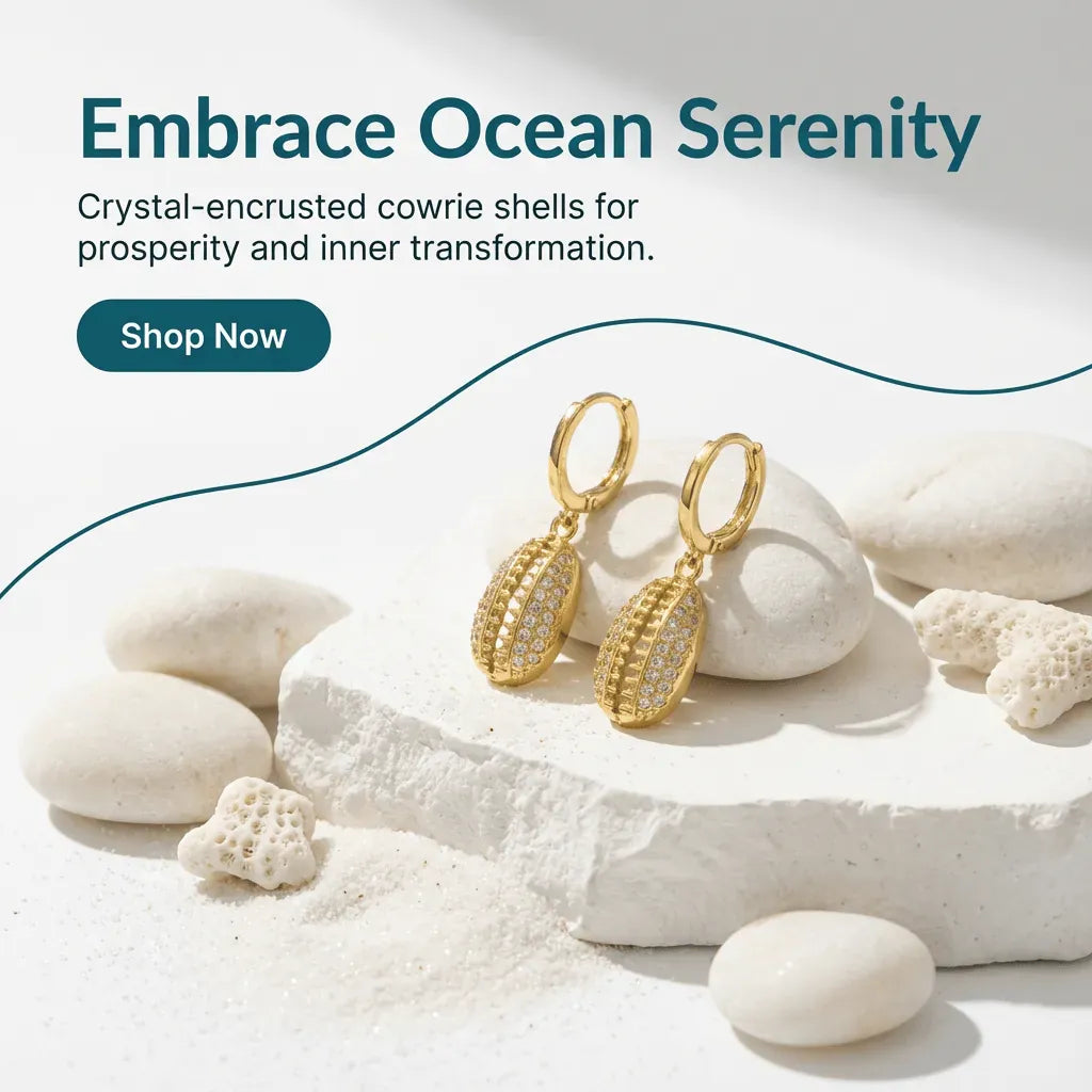 Gold earrings on a stone surface with ocean-themed text and call to action.