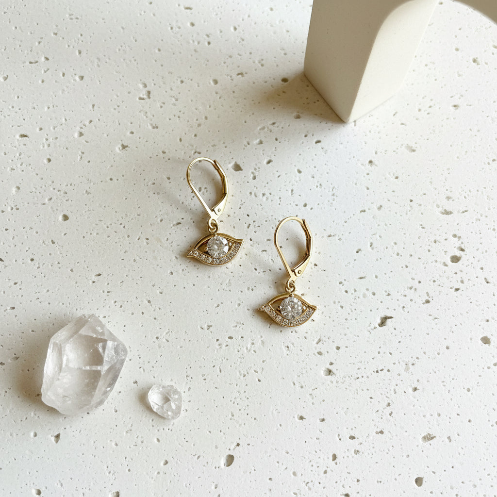 Gold plated mini crystal evil eye leverback earrings