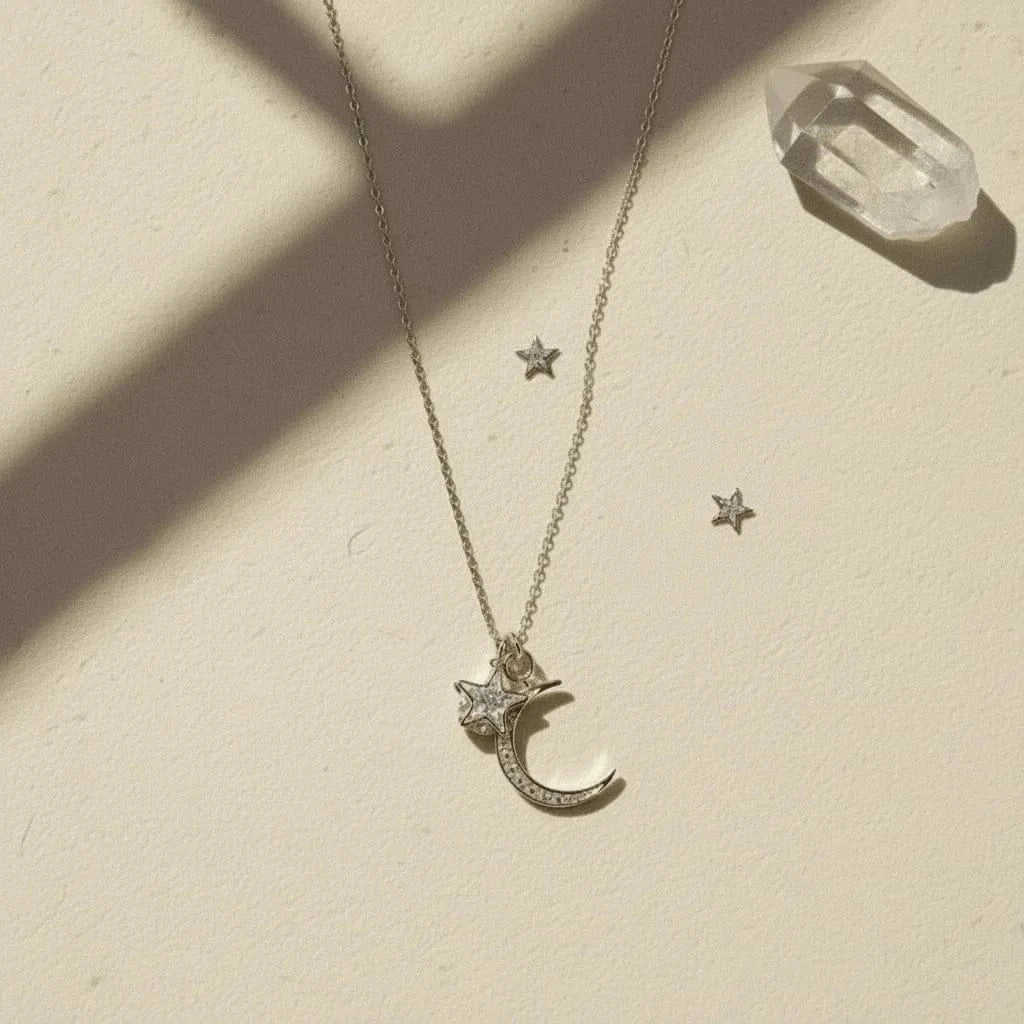 Silver necklace with moon and star pendants on a beige surface