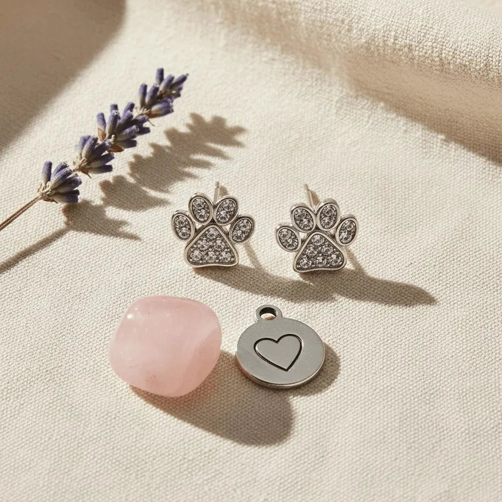 Silver paw-shaped earrings and a heart pendant on a beige surface with a pink stone and lavender flower.
