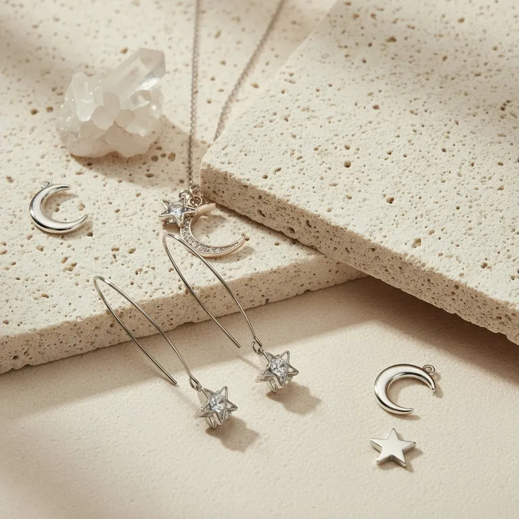 Star-shaped earrings and a moon pendant necklace on a white background