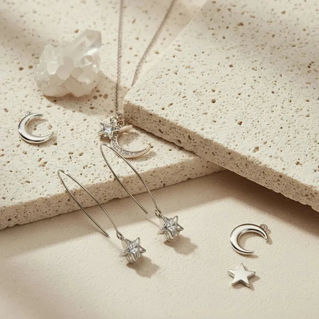 Star-shaped earrings and a moon pendant necklace on a white background