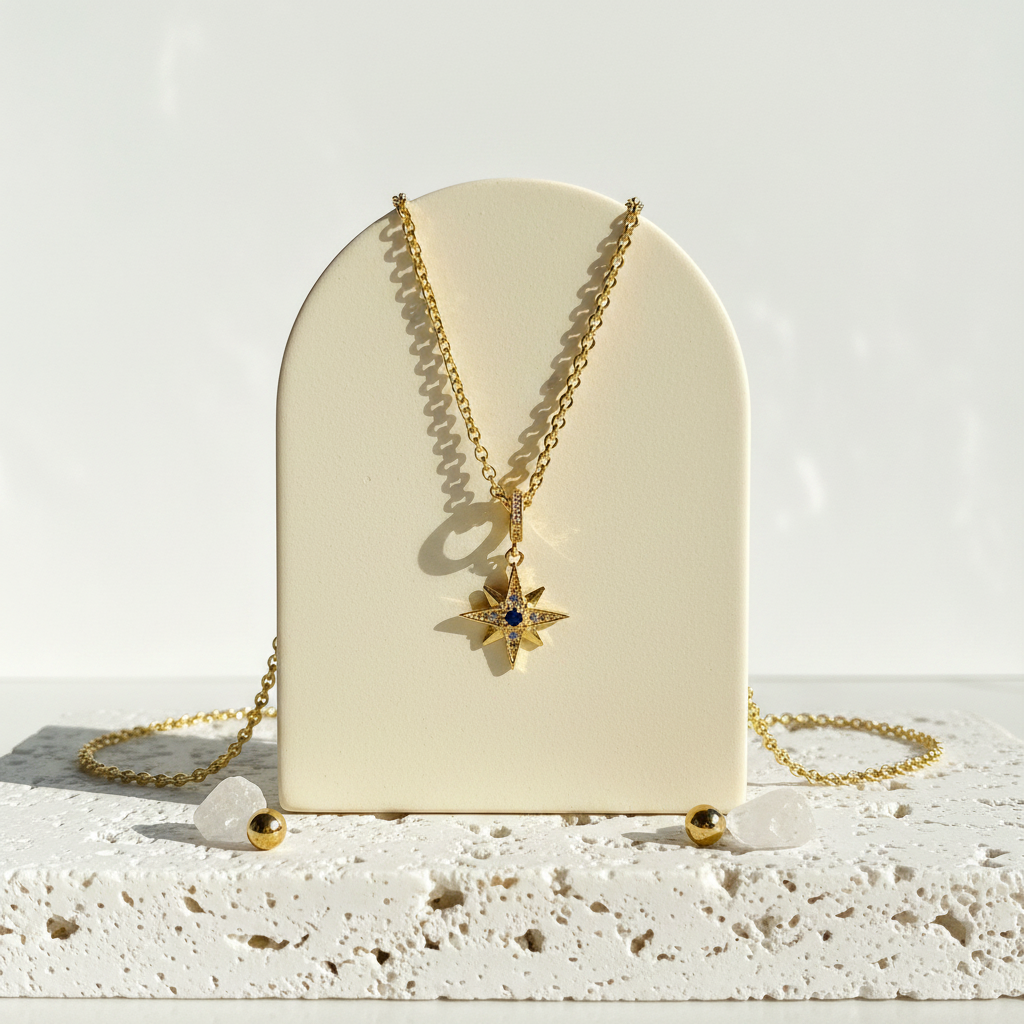 Crystal star necklace with a blue crystal centre hanging on a gold chain — celestial jewelry