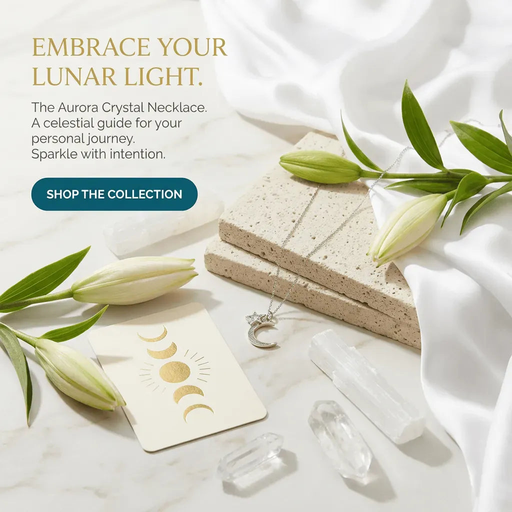 Aurora Crystal Necklace with packaging, crystals, and cards on a white background