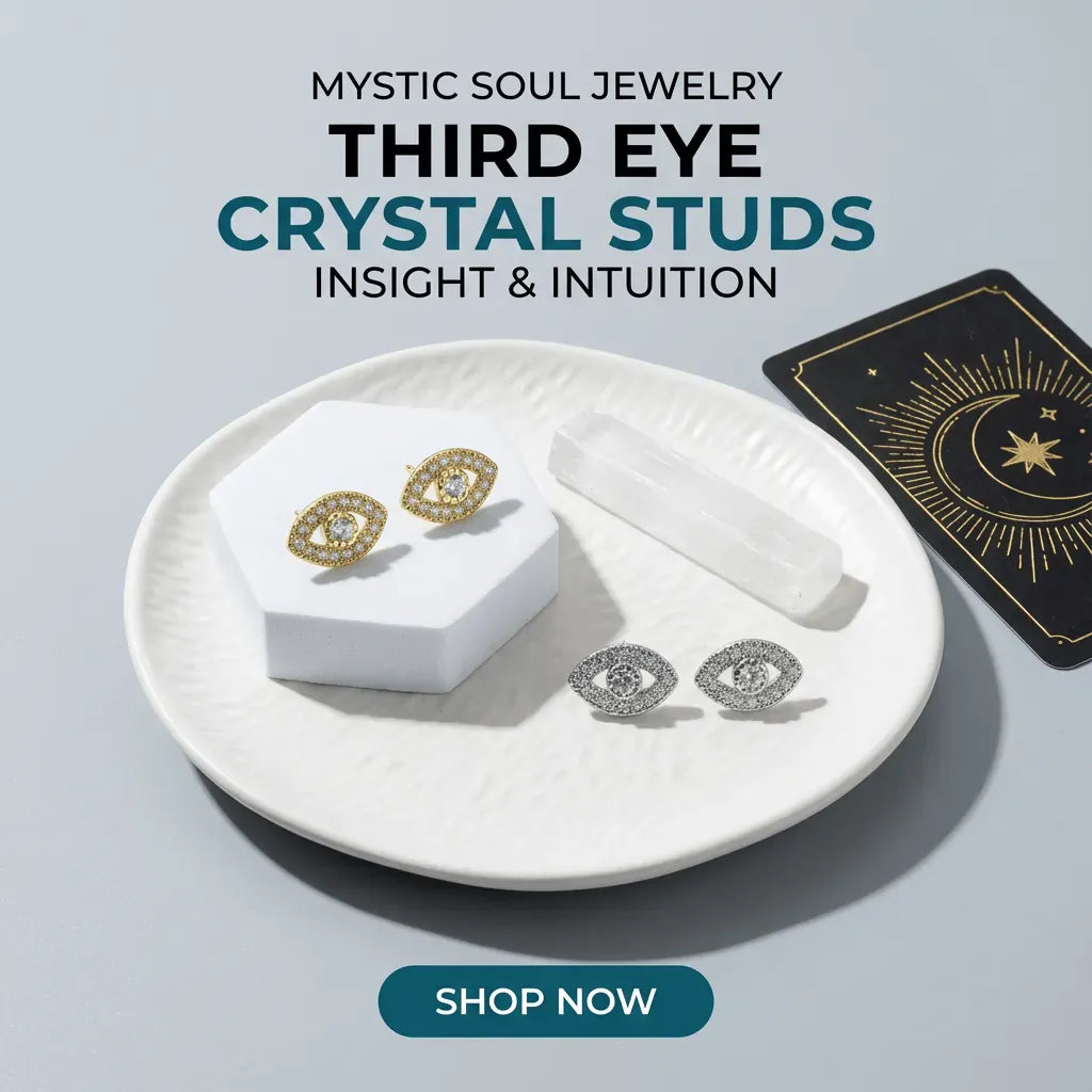 Mystic Soul Jewelry Third Eye Crystal Studs on a white plate with a card in the background