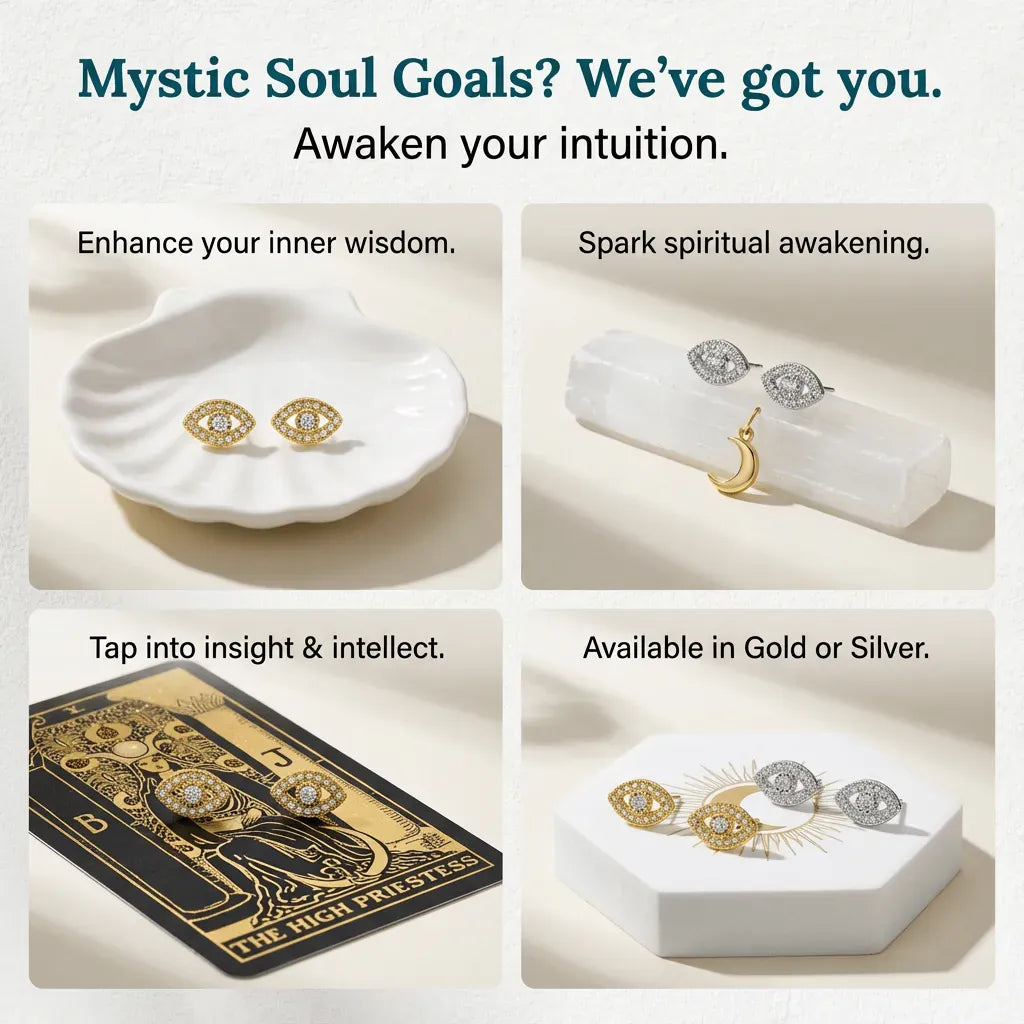 Jewelry set with cards on a white background, promoting intuition and spirituality.