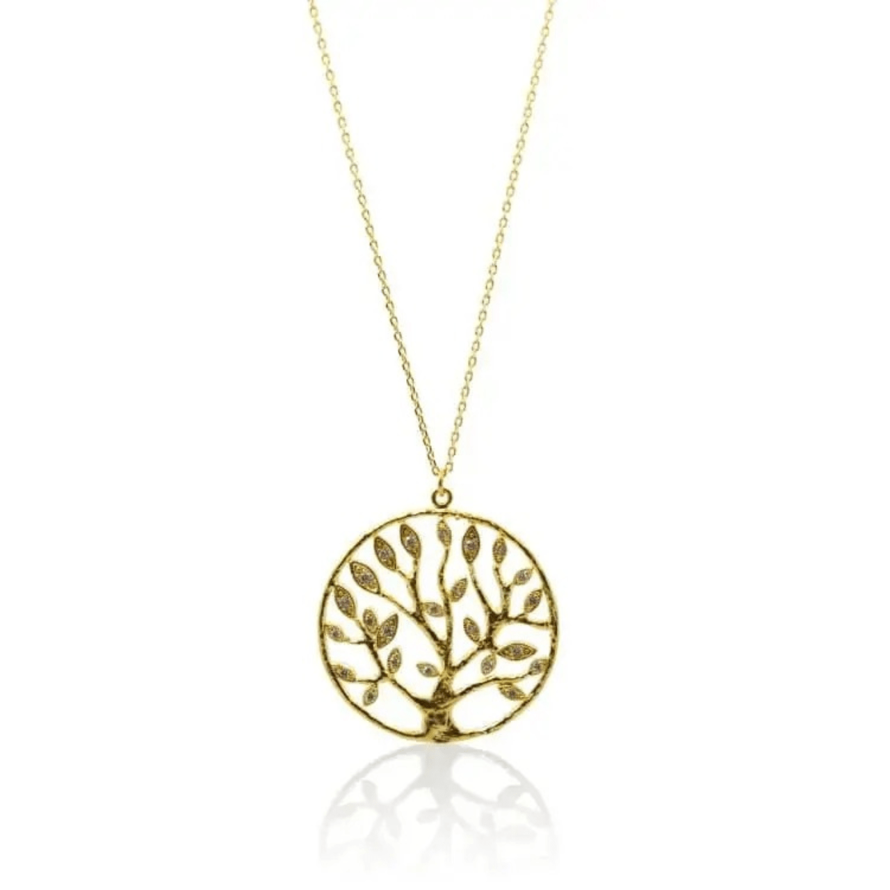 Gold tree-shaped pendant necklace on a white background