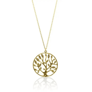 Gold tree-shaped pendant necklace on a white background