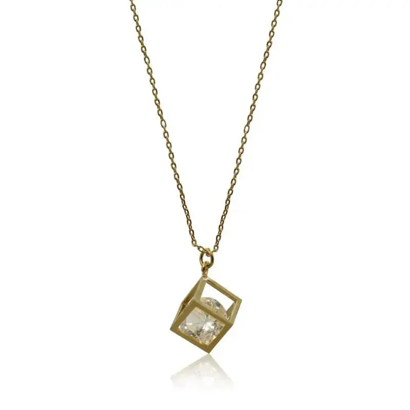 Cube Necklace with floating crystal - Fine Gold Jewelry - Mystic Soul Jewelry