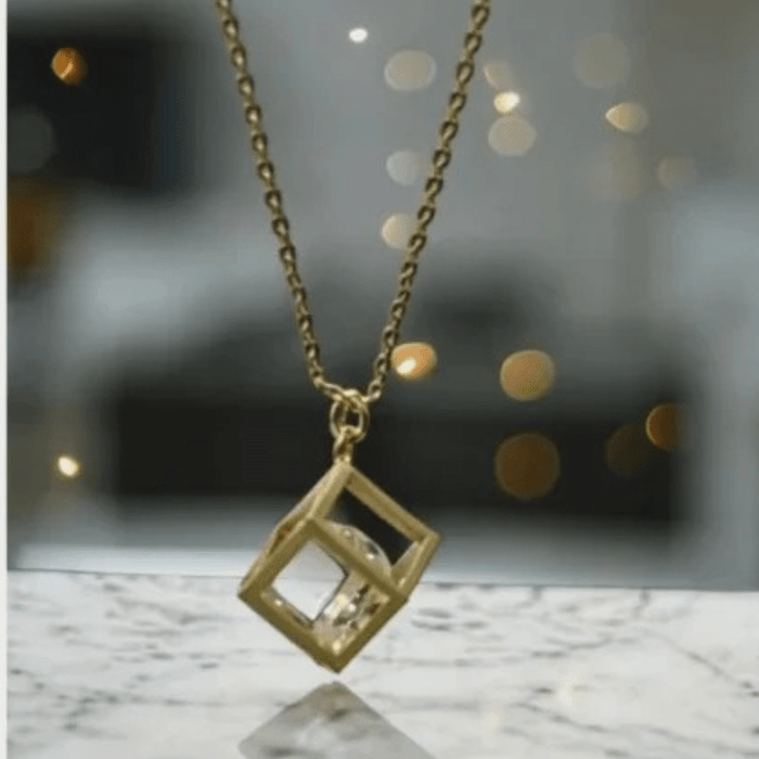 Cube Necklace with floating crystal - Gold Fashion Jewelry - Mystic Soul Jewelry