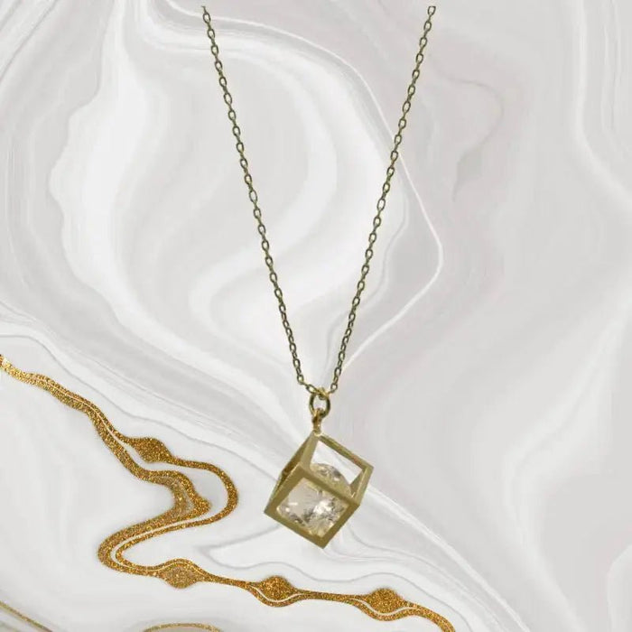 Cube Necklace with floating crystal - Gold Fashion Jewelry - Mystic Soul Jewelry