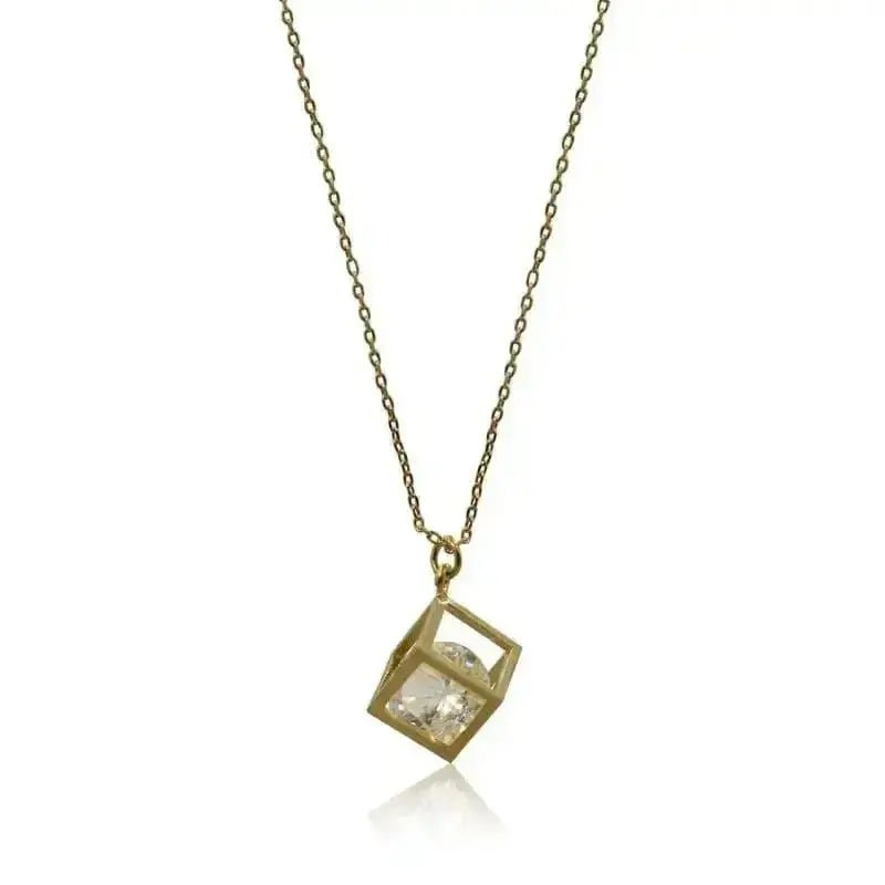 Cube Necklace with floating crystal - Gold Fashion Jewelry - Mystic Soul Jewelry