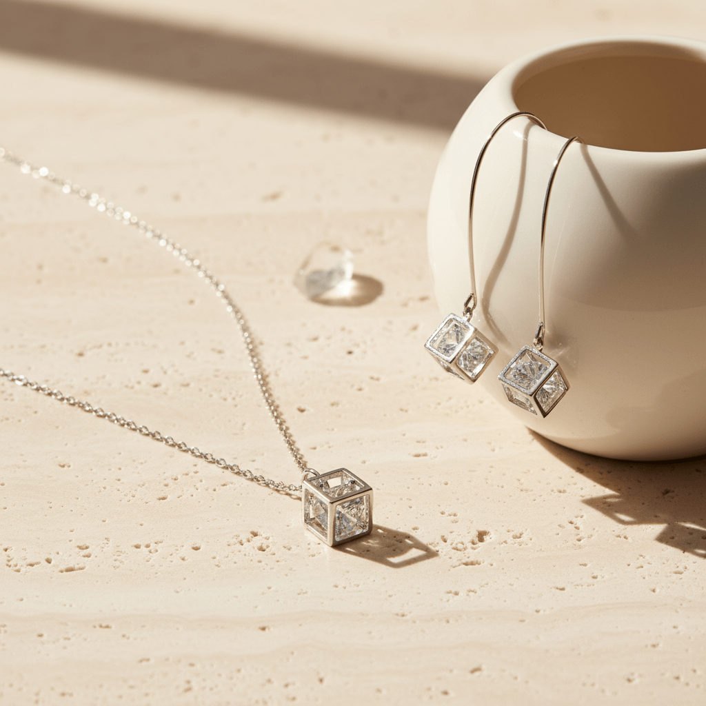 Silver cube necklace and earrings on a beige surface with a white cup in the background
