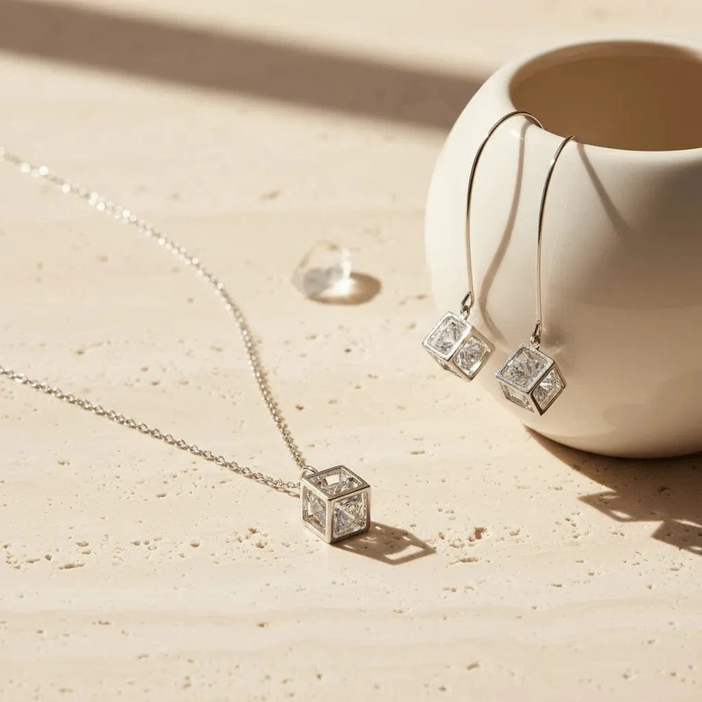 Silver cube necklace and earrings on a beige surface with a white cup in the background