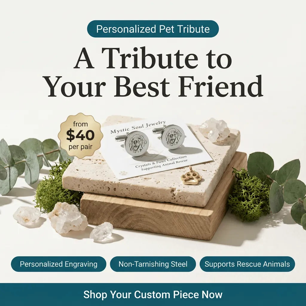 Mystic Soul Jewelry display with text about personalized pet tribute, non-tarnishing steel, and support for rescue animals.