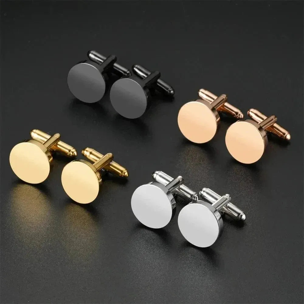 Set of round cufflinks in gold, black, rose gold, and silver on a dark background