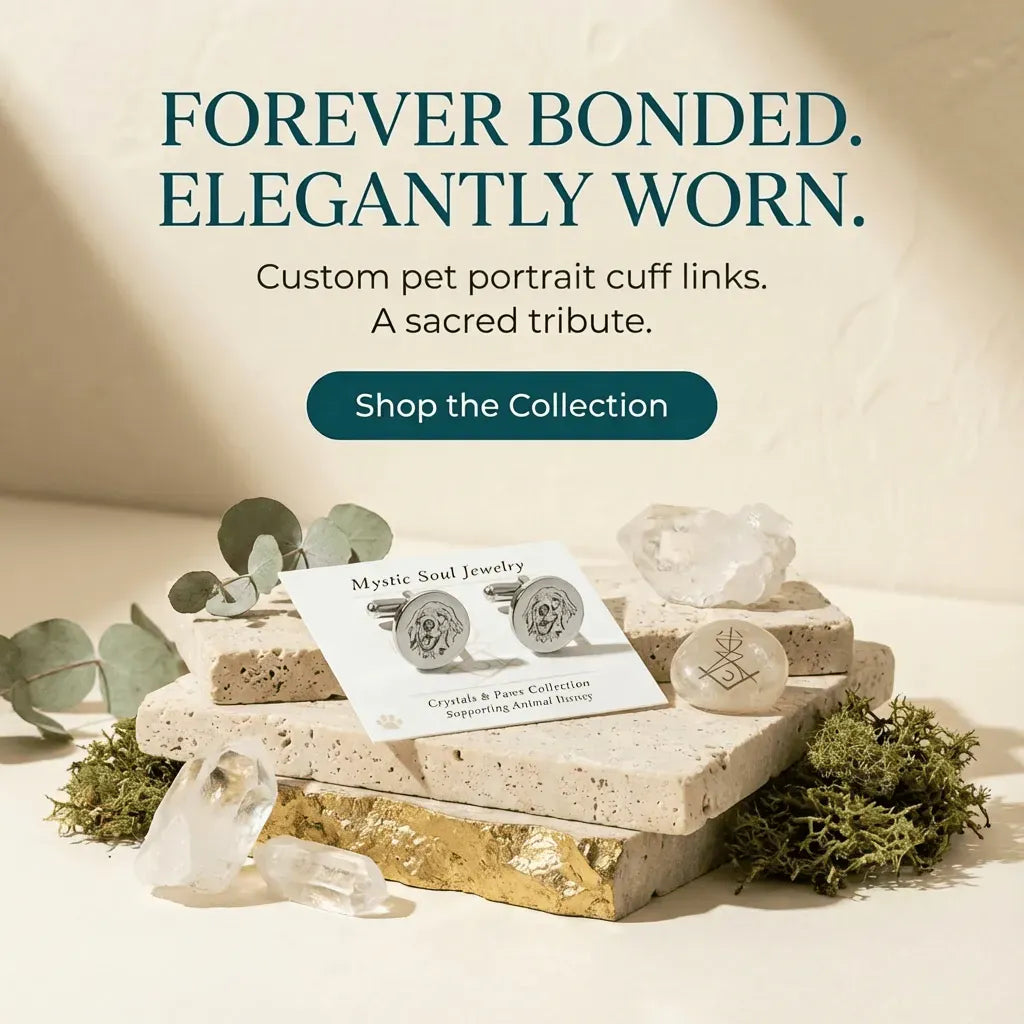 Mystic Soul Jewelry display with crystals and cards on a neutral background