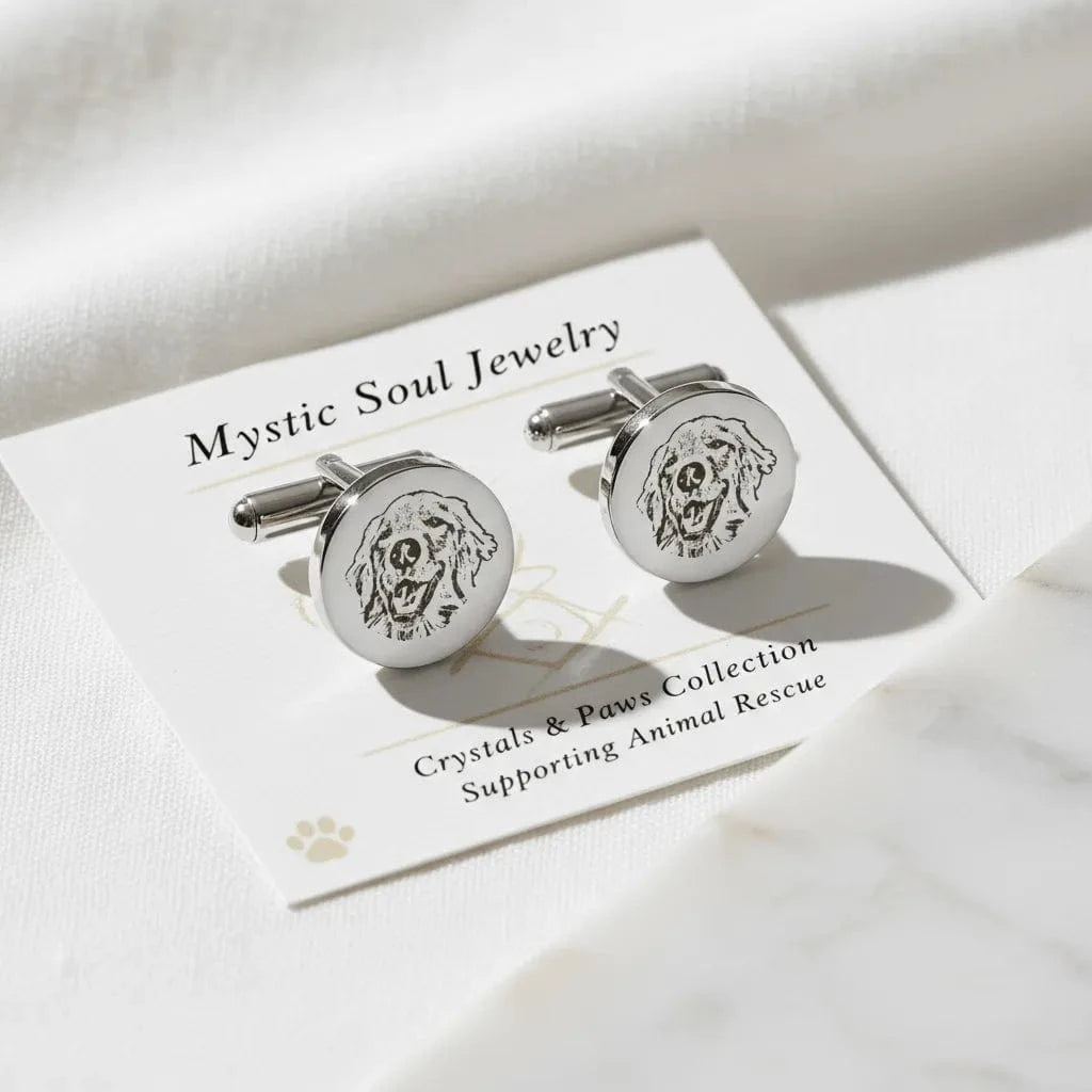 Silver cufflinks with a dog design on a card from Mystic Soul Jewelry