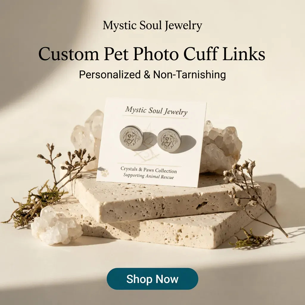 Mystic Soul Jewelry Custom Pet Photo Cuff Links with a card on a stone surface.