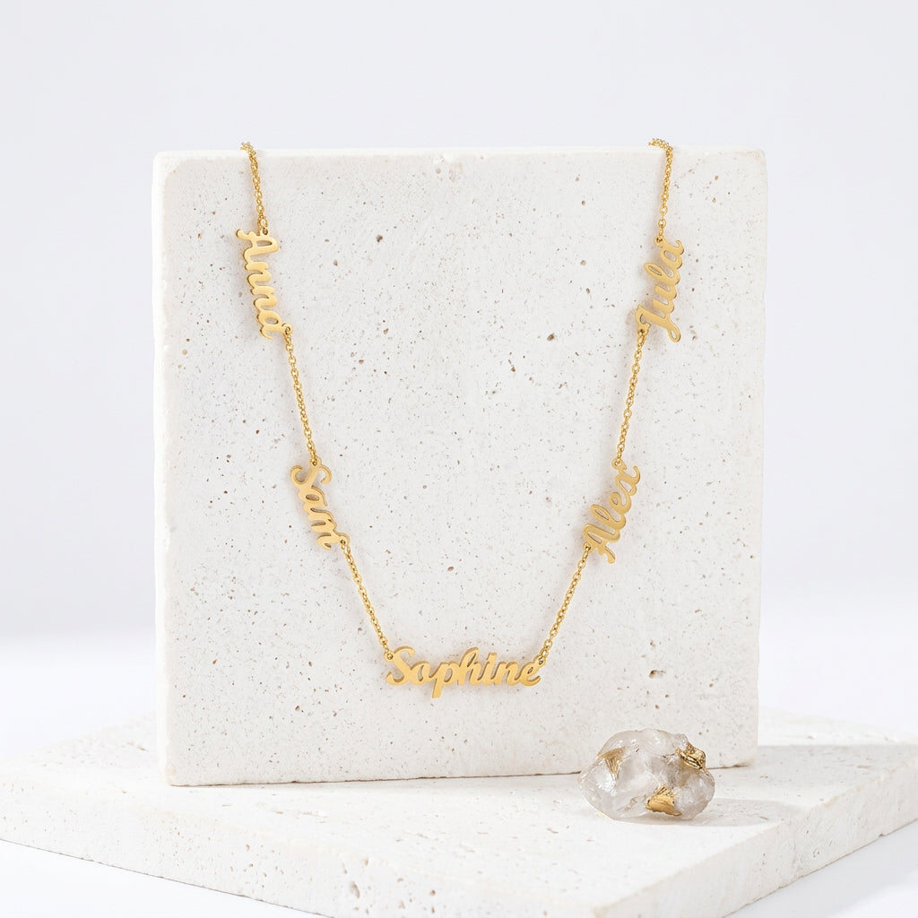 Gold custom family name necklace with five names on one chain
