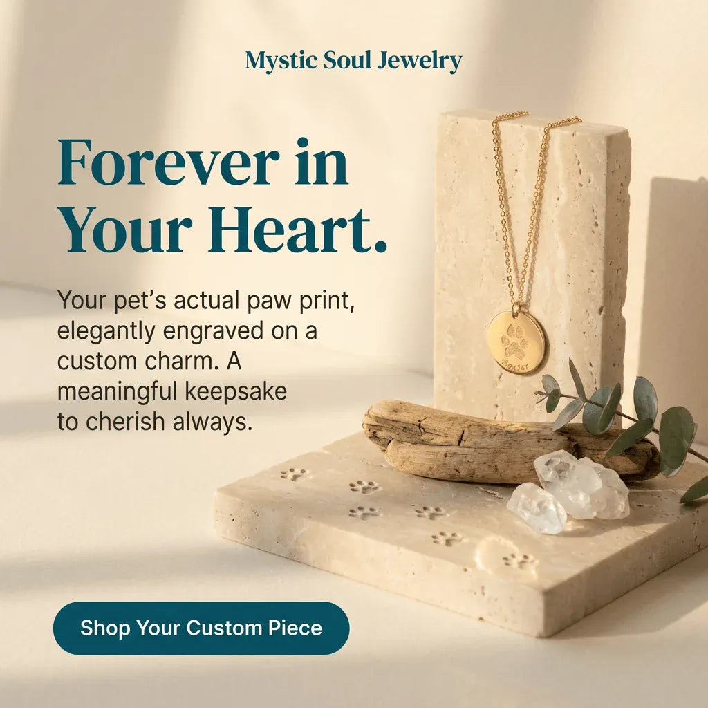 Mystic Soul Jewelry display with gold necklace and engraved charm on a stone base.