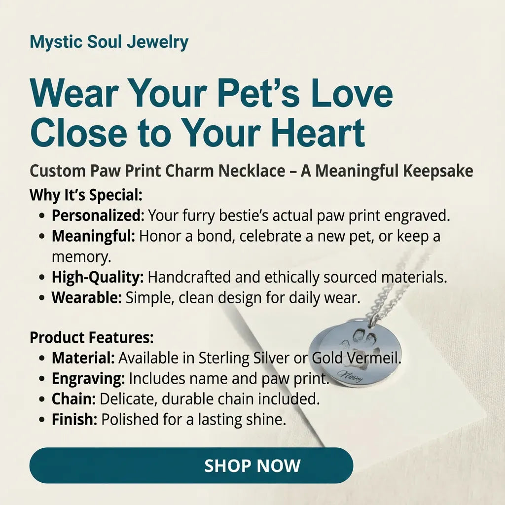 Mystic Soul Jewelry advertisement for a custom paw print charm necklace.
