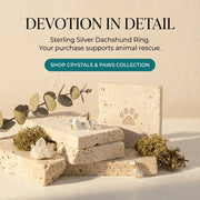Sterling silver dachshund ring on stone blocks with text about supporting animal rescue.