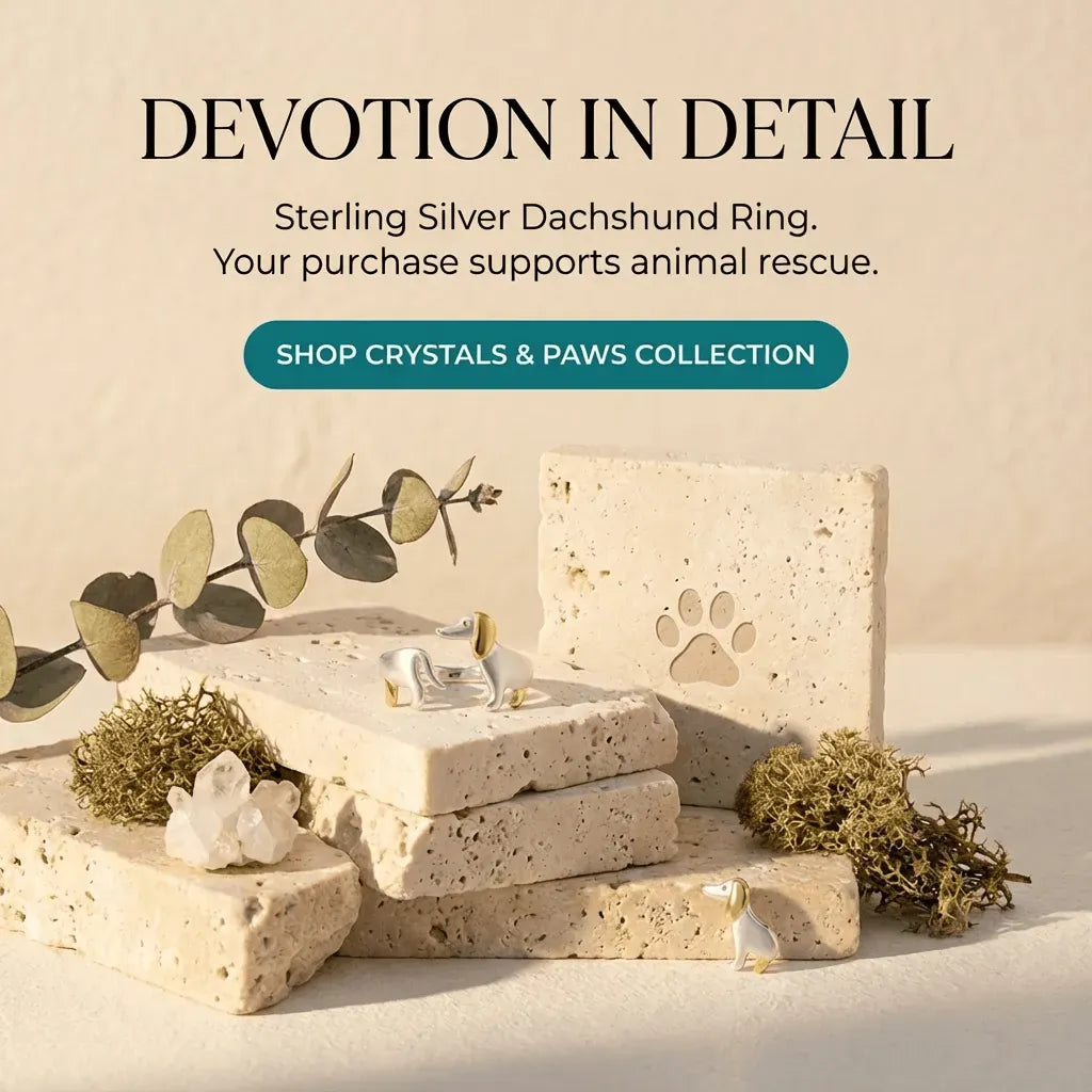 Sterling silver dachshund ring on stone blocks with text about supporting animal rescue.