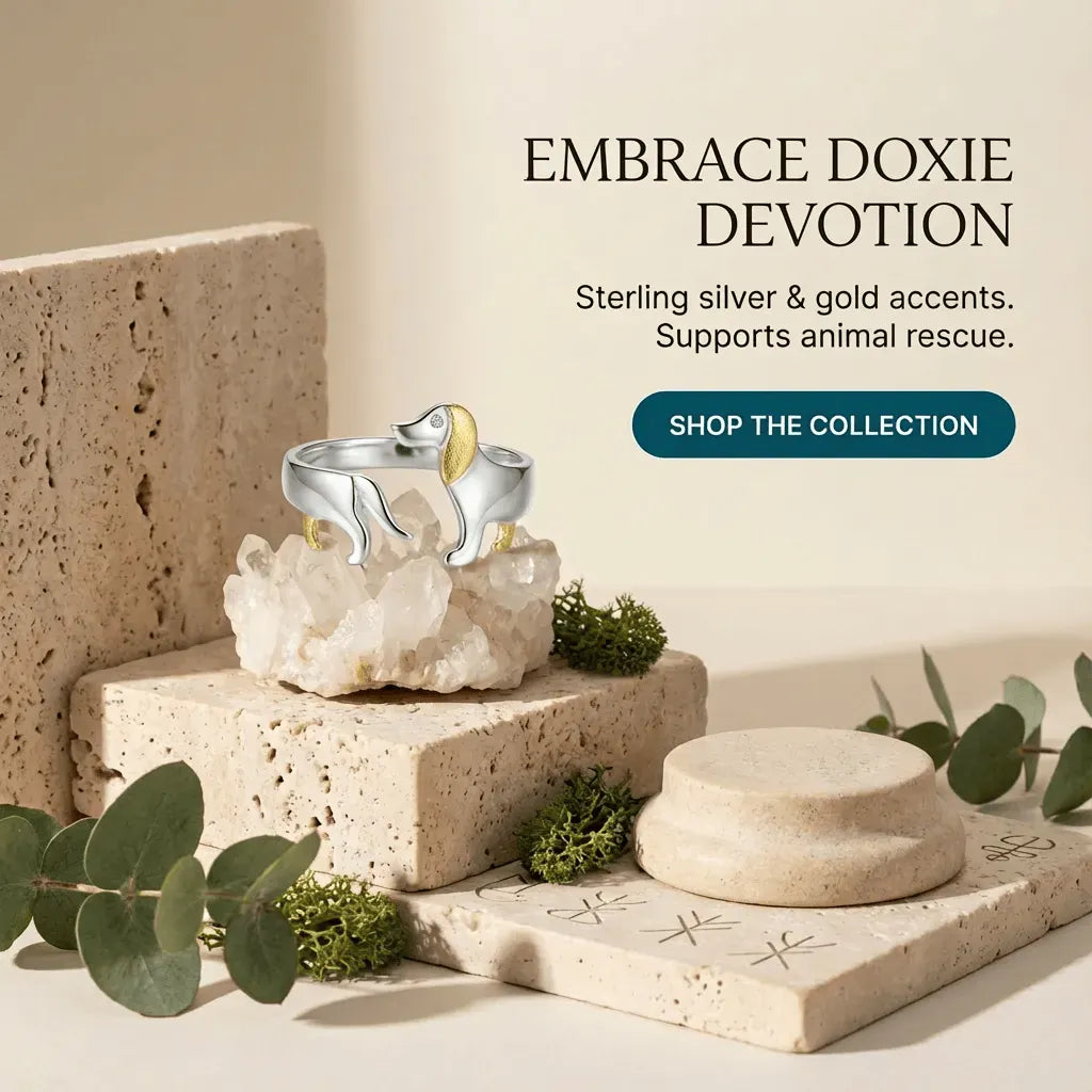 Silver and gold dog-shaped ring on a stone block with text about animal rescue and a call to shop the collection.