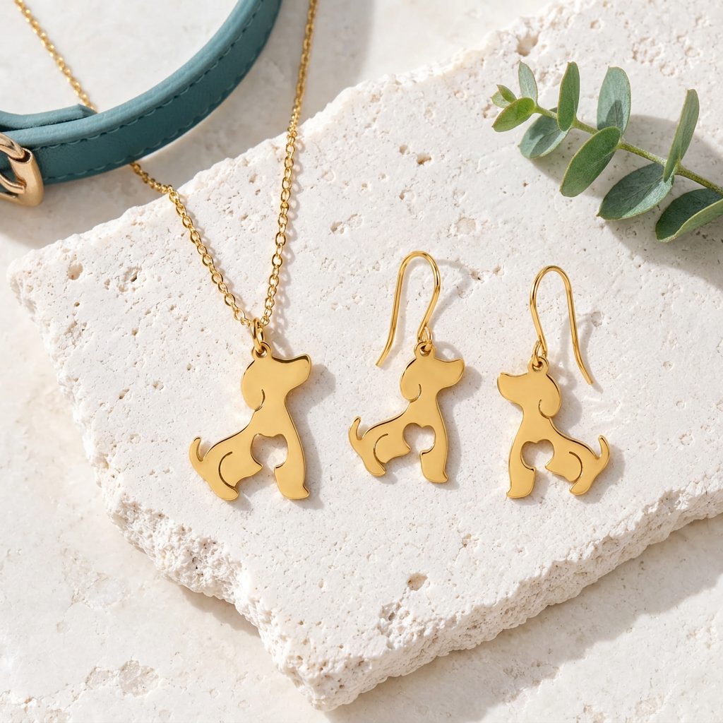 Gold plated dog and cat necklace and earrings set on pale stone with a teal collar