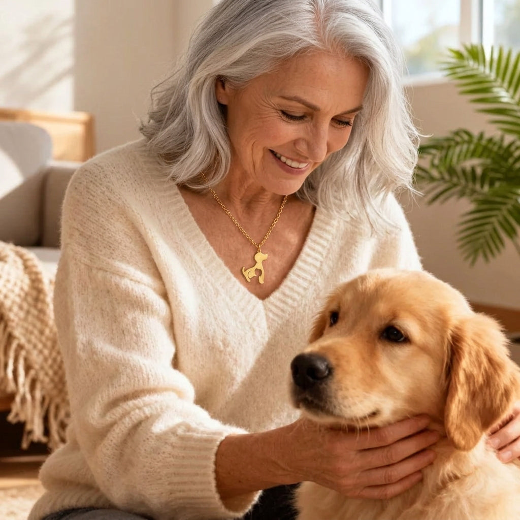 Woman wearing the gold dog and cat bond necklace while cuddling her golden retriever