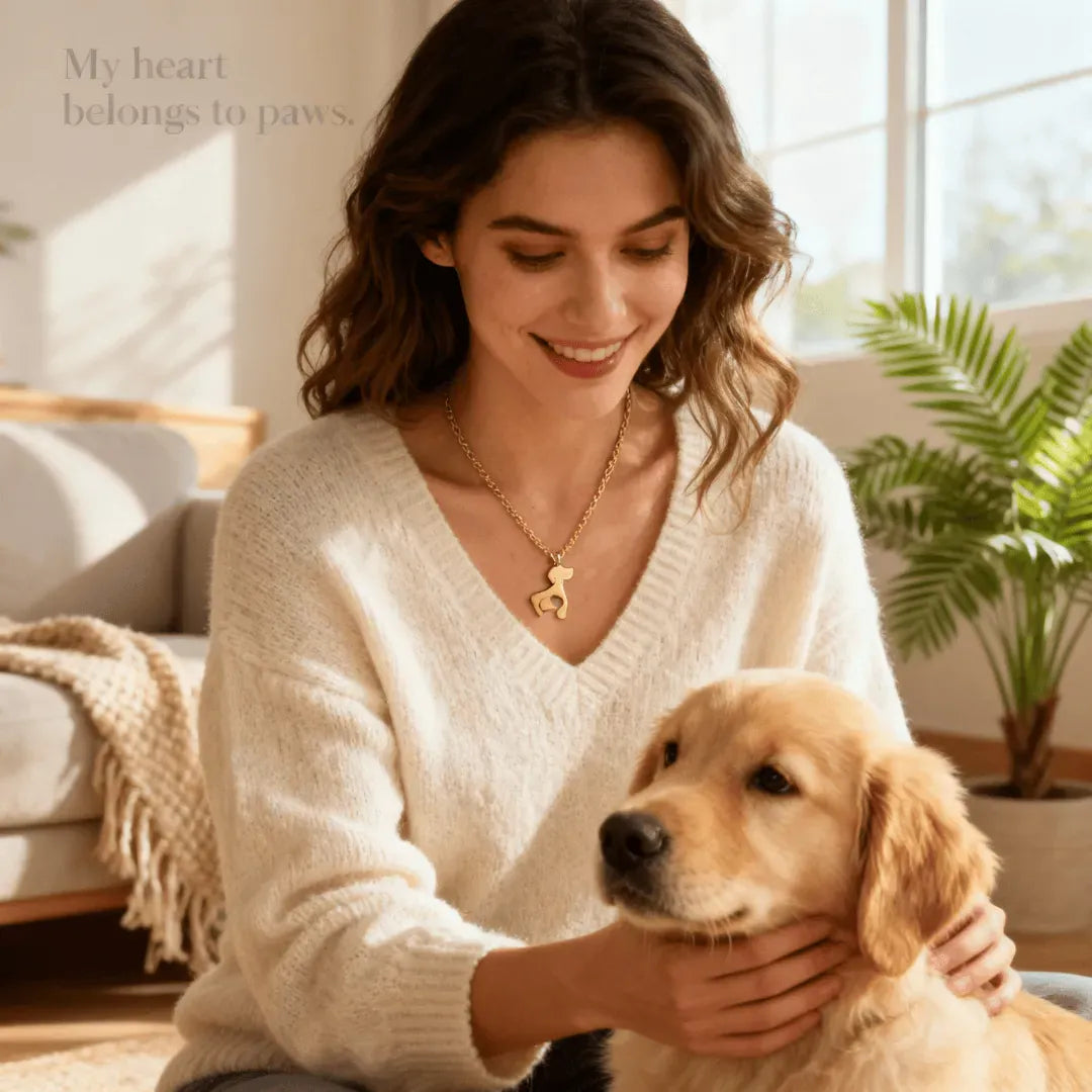 Woman in a white sweater holding a golden retriever in a bright room with plants.