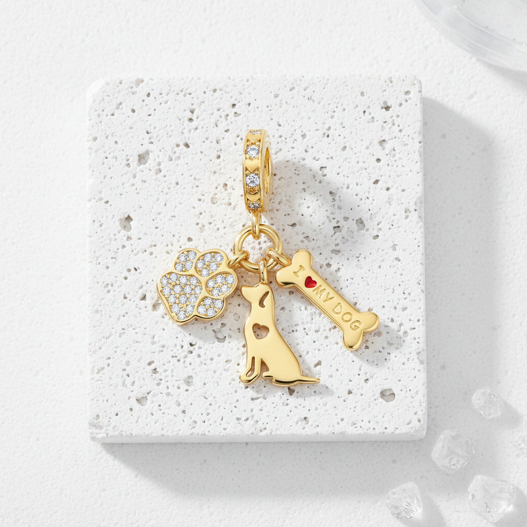 Gold dog bone paw charm pendant in sterling silver with zircon — Crystals and Paws rescue jewellery