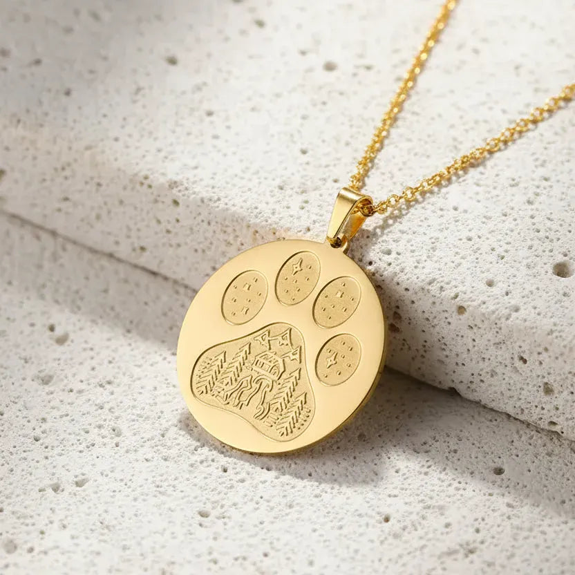Gold necklace with a paw print pendant on a green and gray background