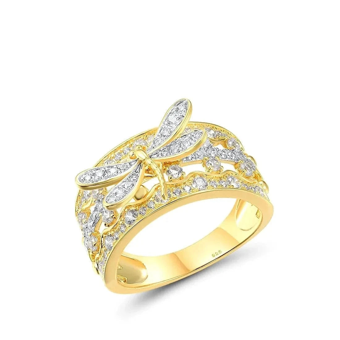Gold ring with diamond accents on a white background