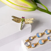 Peridot dragonfly brooch in sterling silver with bracelet, August birthstone jewelry