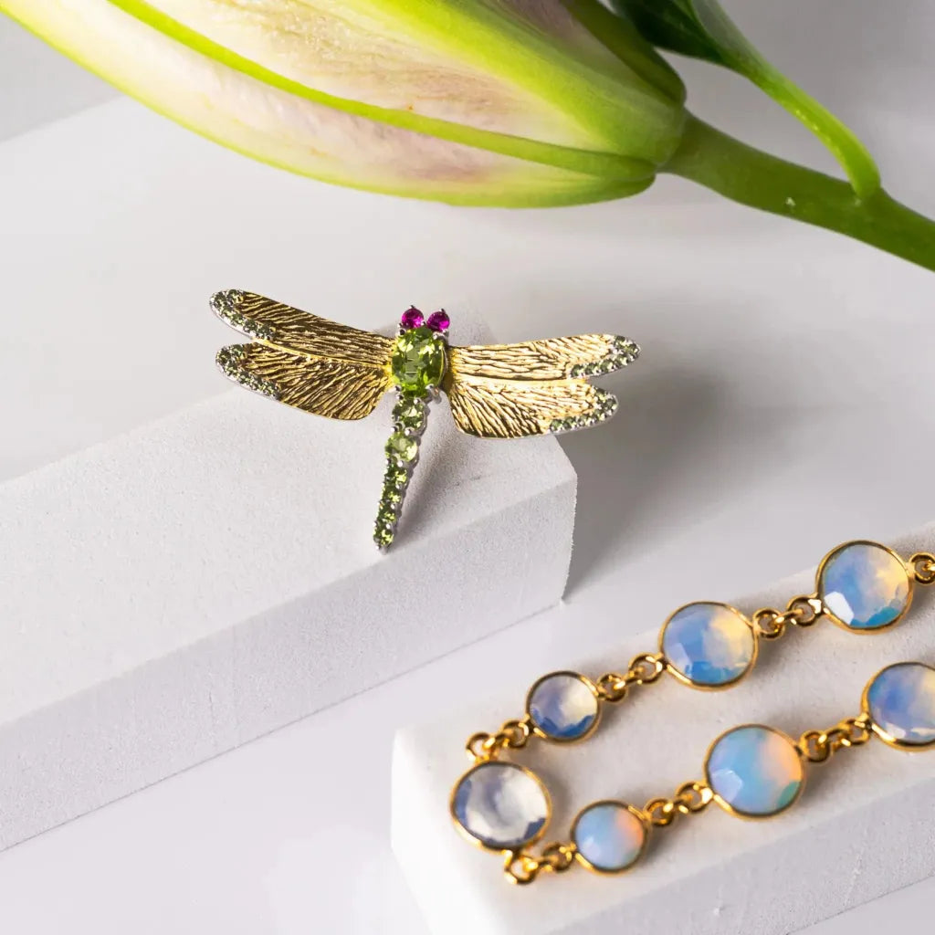 Peridot dragonfly brooch in sterling silver with bracelet, August birthstone jewelry
