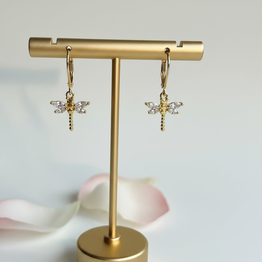 Clear crystal dragonfly leverback earrings in gold — spirit animal jewelry for transformation