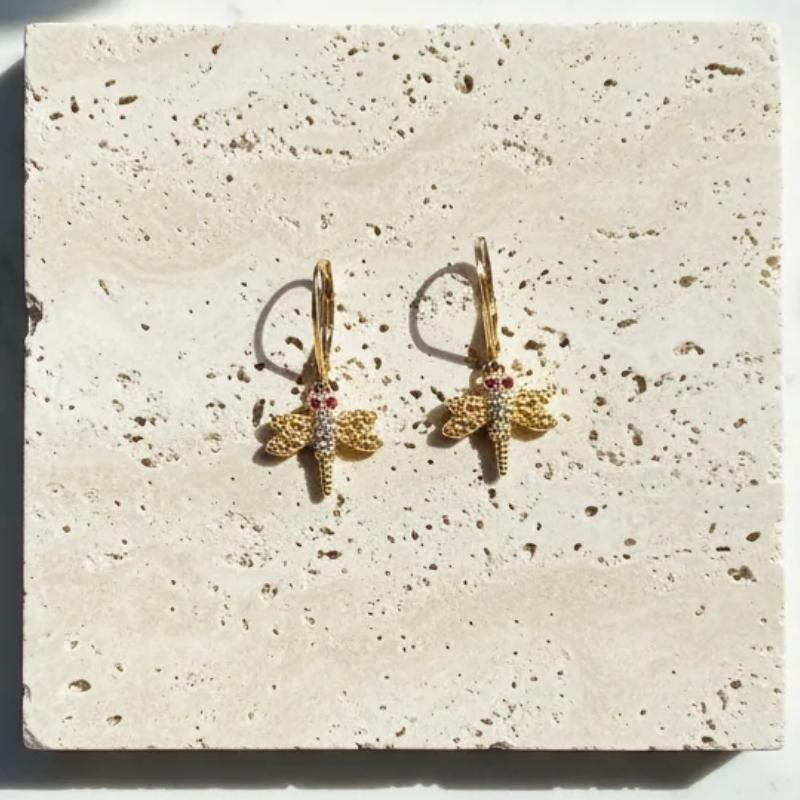 Crystal-set dragonfly leverback earrings in gold plate — spirit animal jewelry