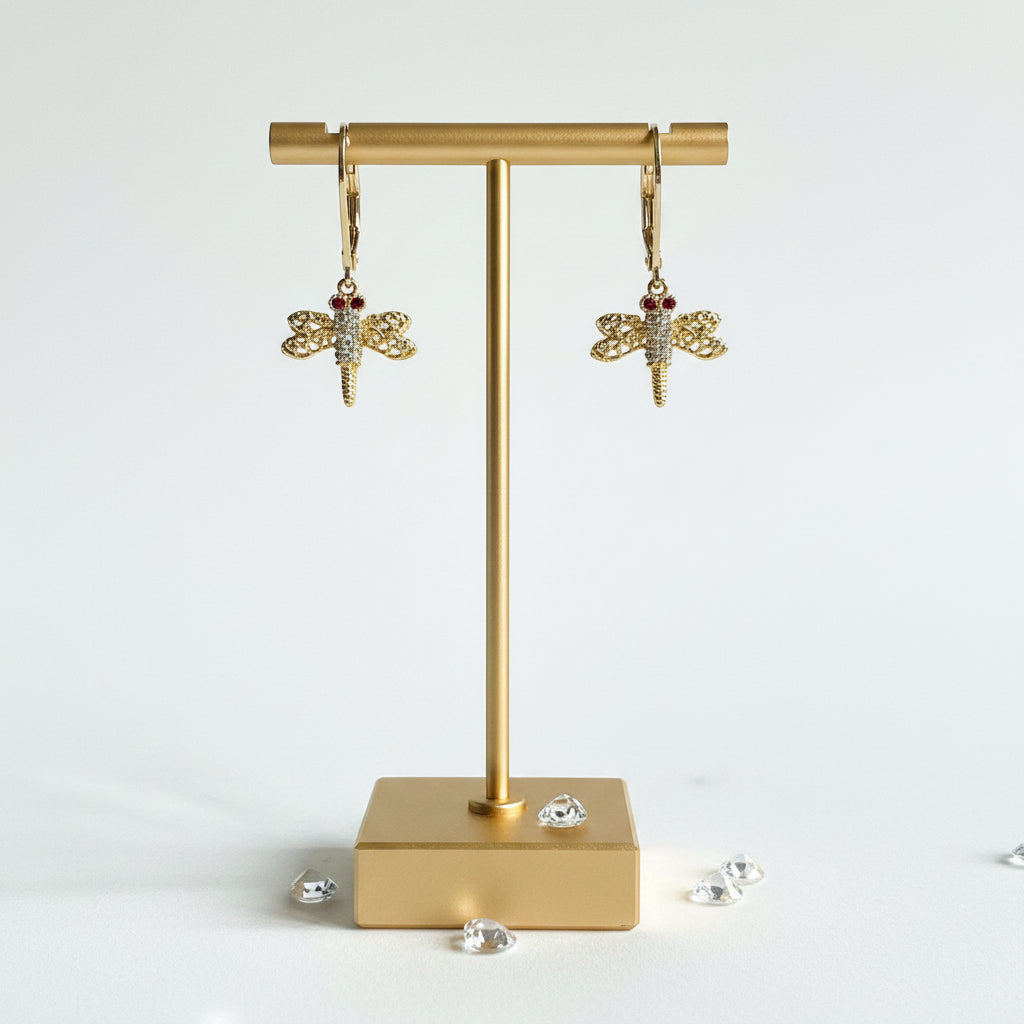 Gold crystal dragonfly leverback earrings with red eyes — spirit animal jewelry for transformation