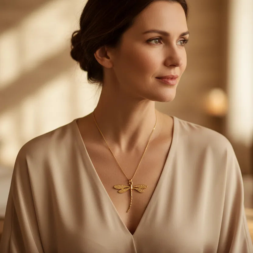 Woman wearing a gold dragonfly pendant necklace — spirit animal jewelry for transformation