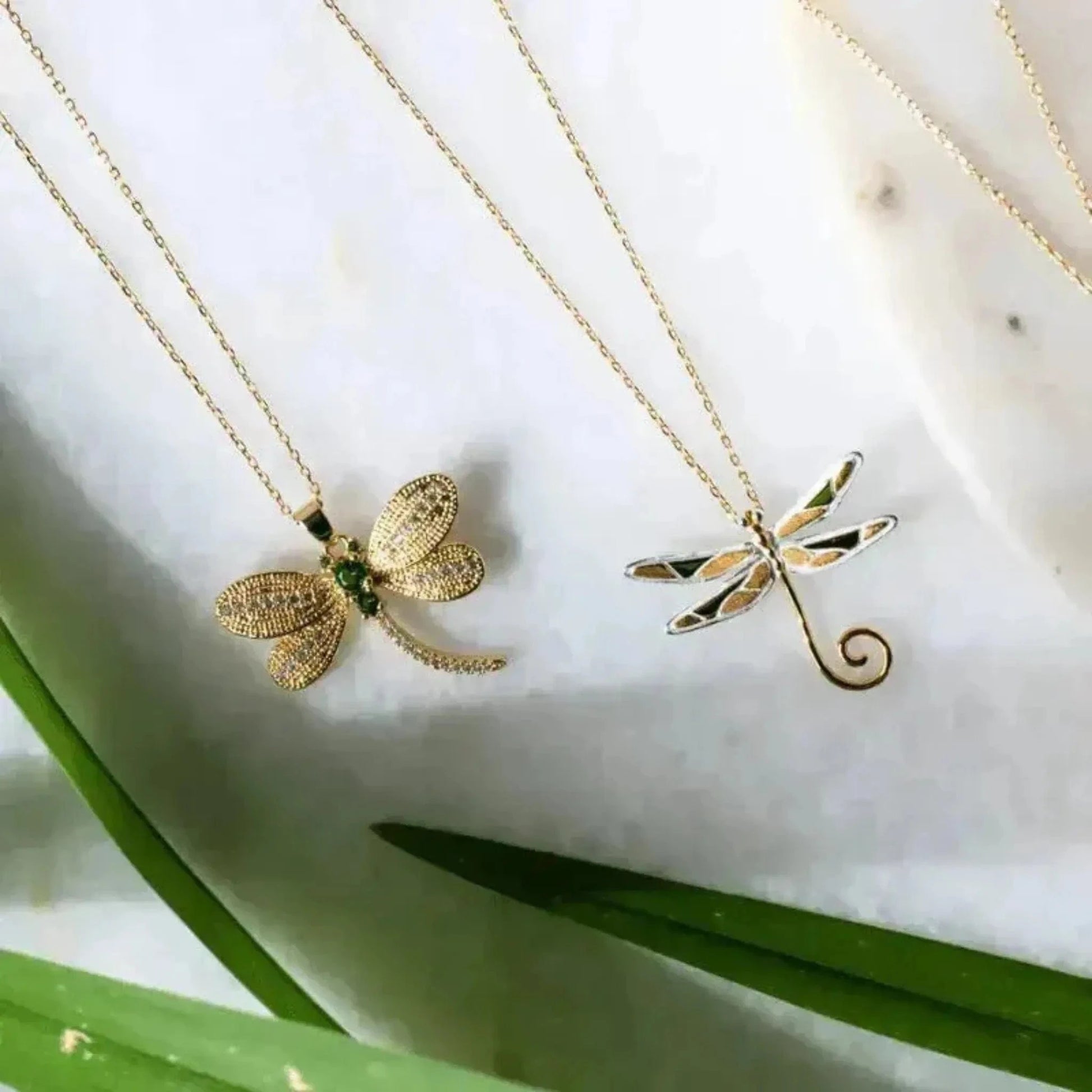 gold and emerald dragonfly necklace with sterling silver and gold necklace