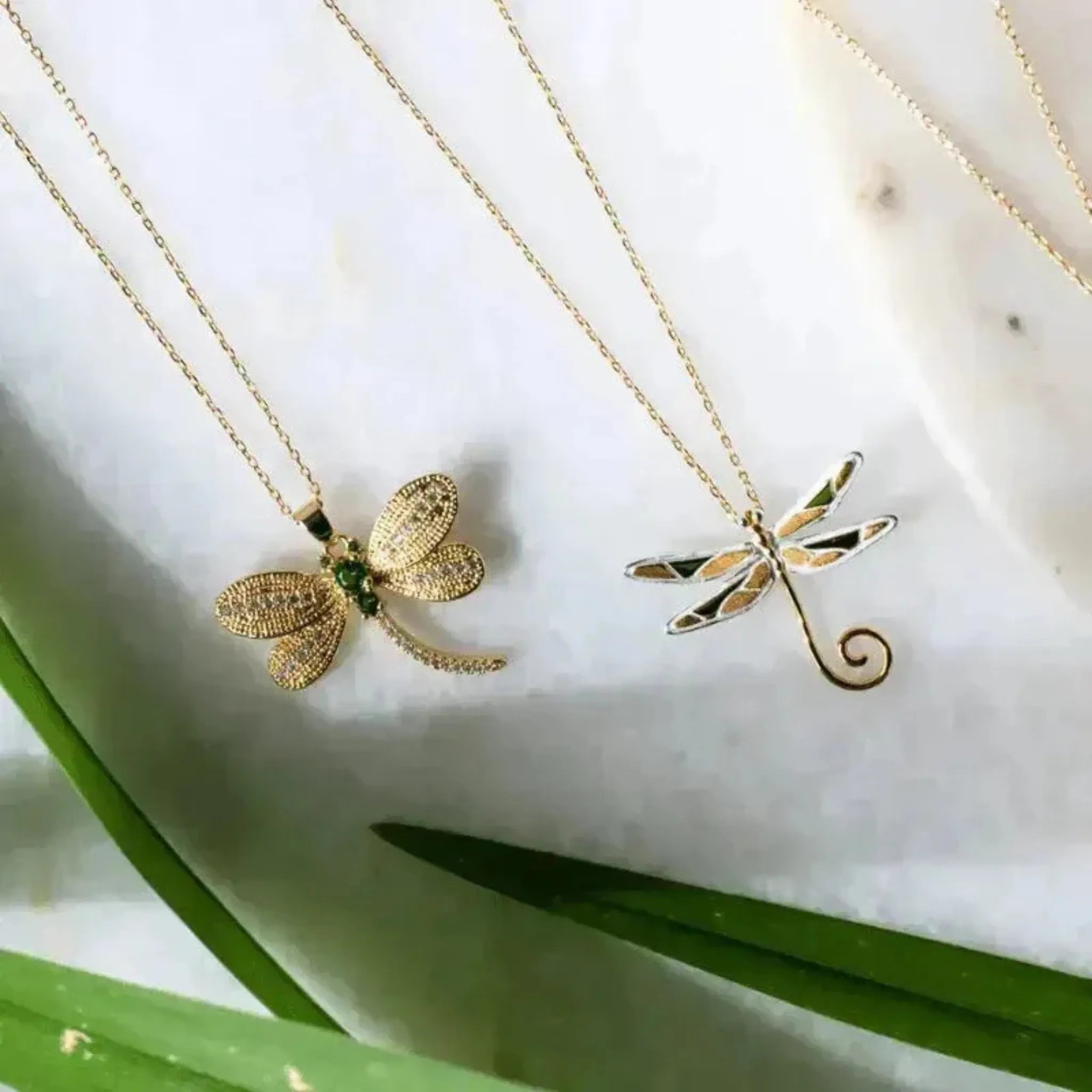 gold and emerald dragonfly necklace with sterling silver and gold necklace