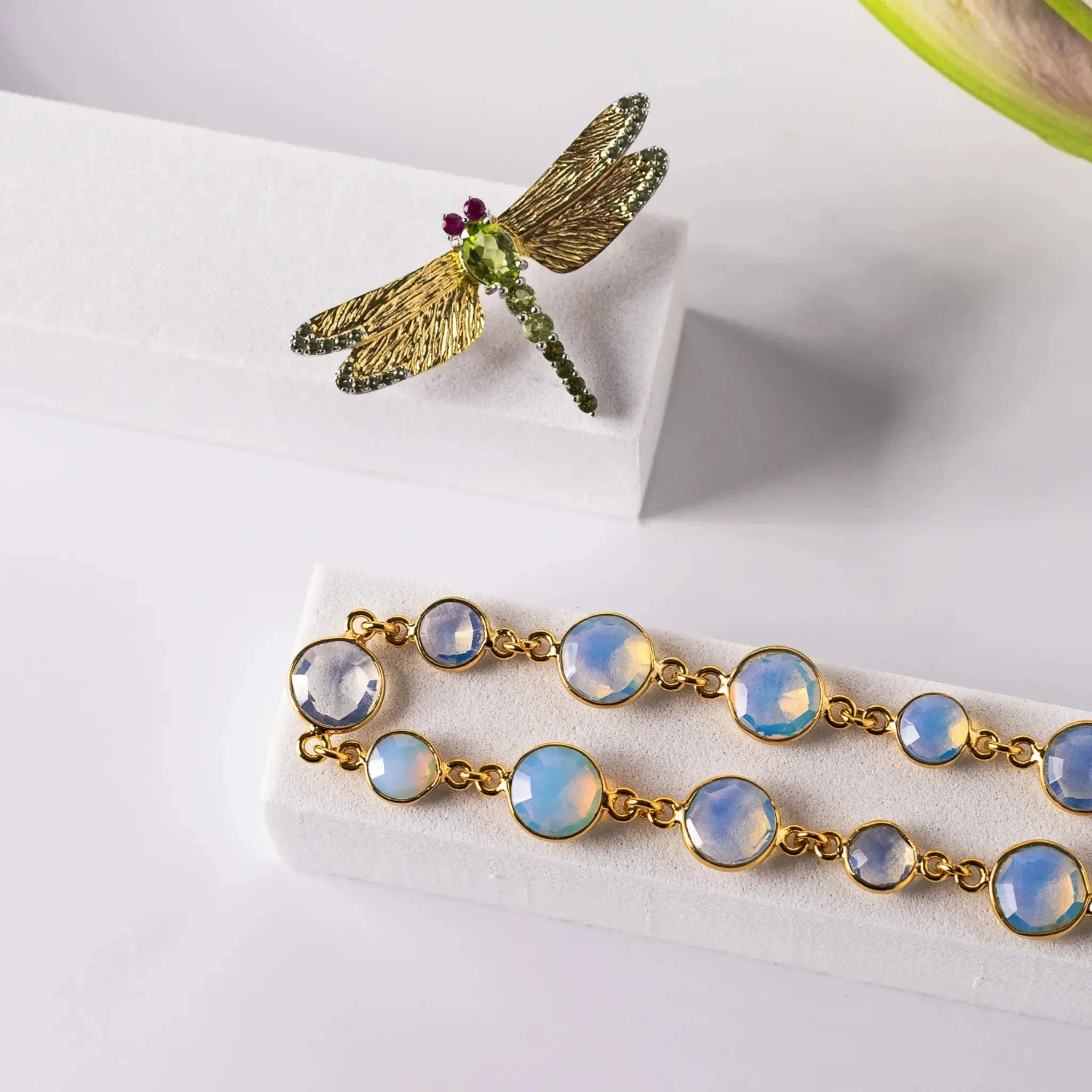 peridot dragonfly pin with opalite gemstone chain