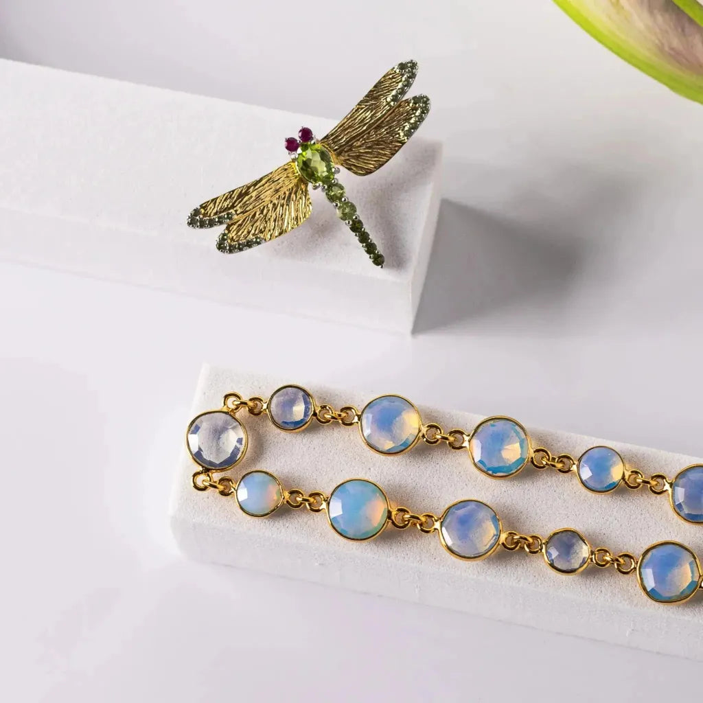 peridot dragonfly pin with opalite gemstone chain