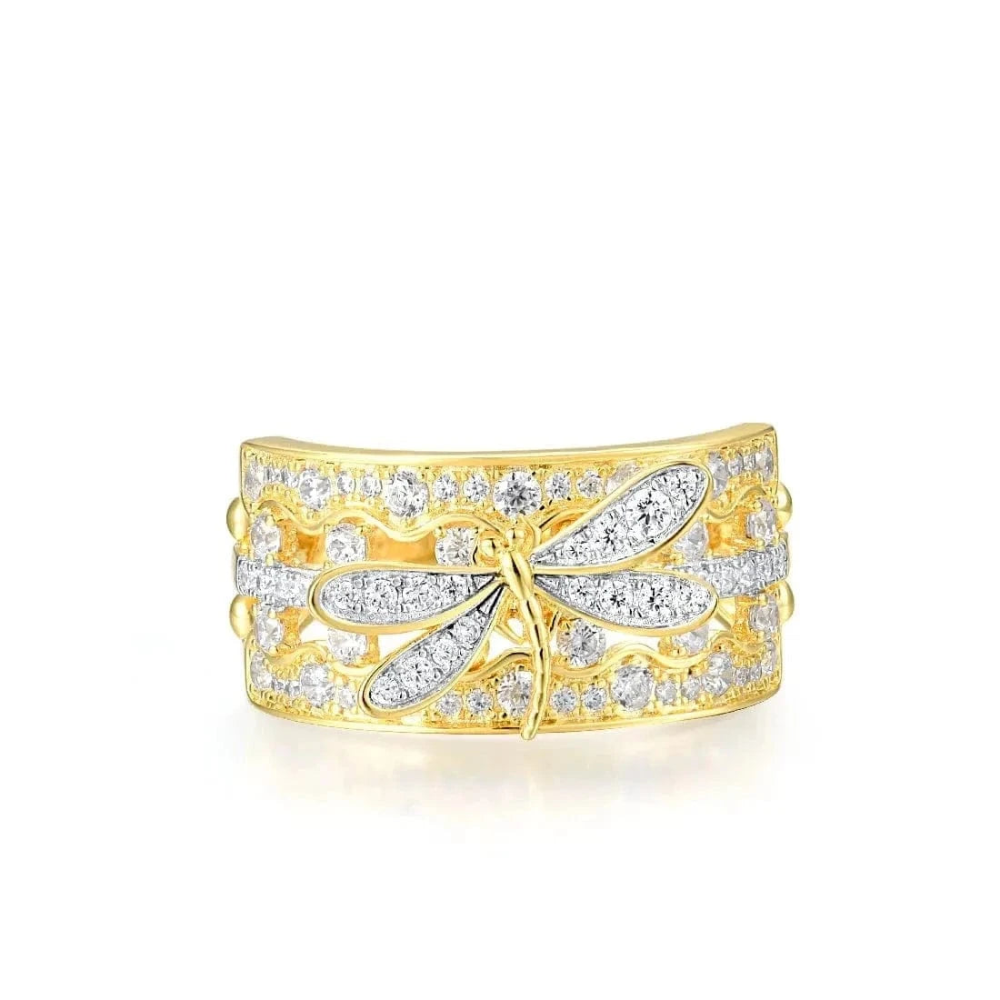 Gold ring with diamond dragonfly design on a white background