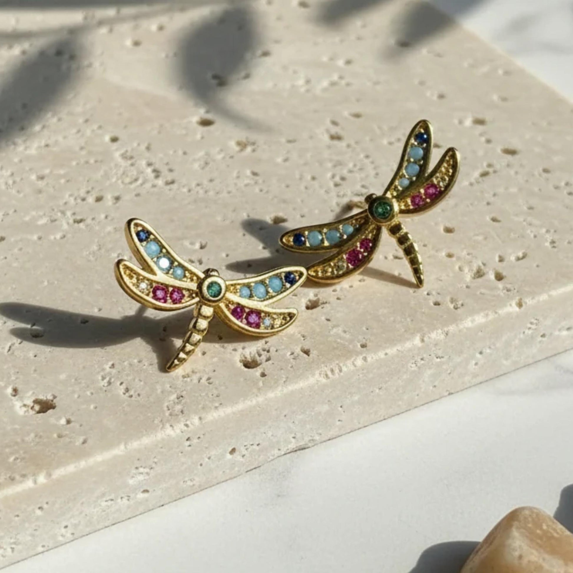Hand-painted resin dragonfly stud earrings in gold — spirit animal jewelry for transformation